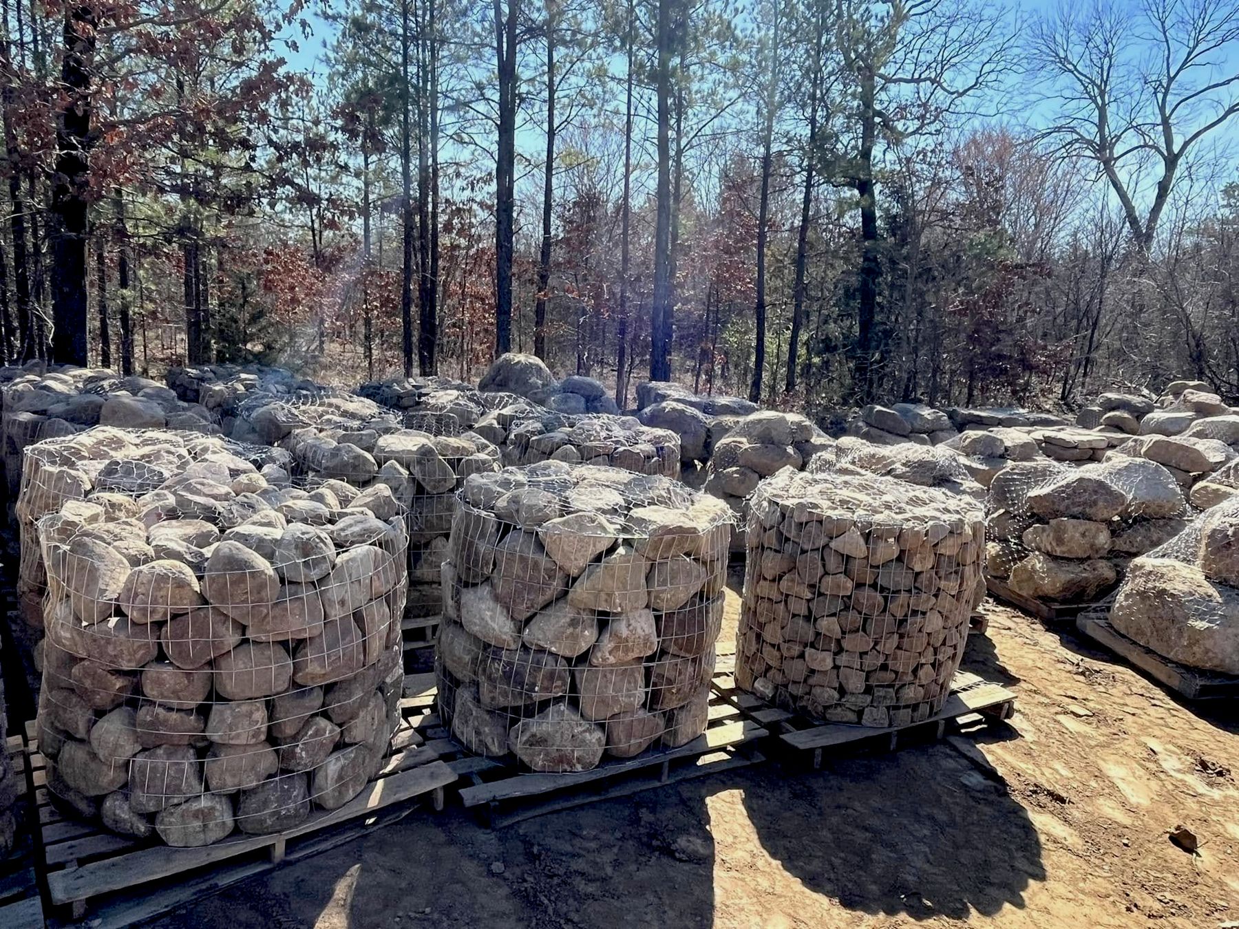 Palletized creek boulders at the quarry