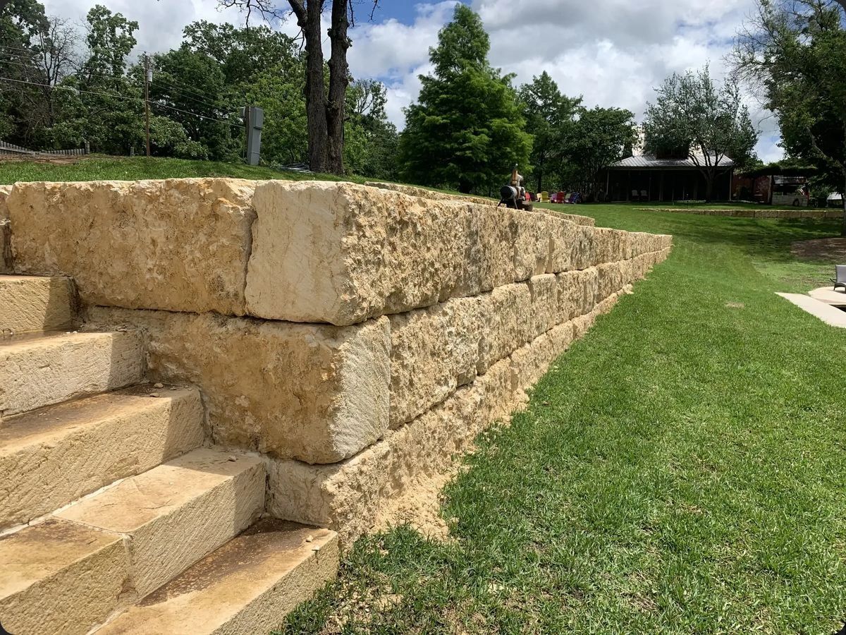 Limestone cave block wall and steps