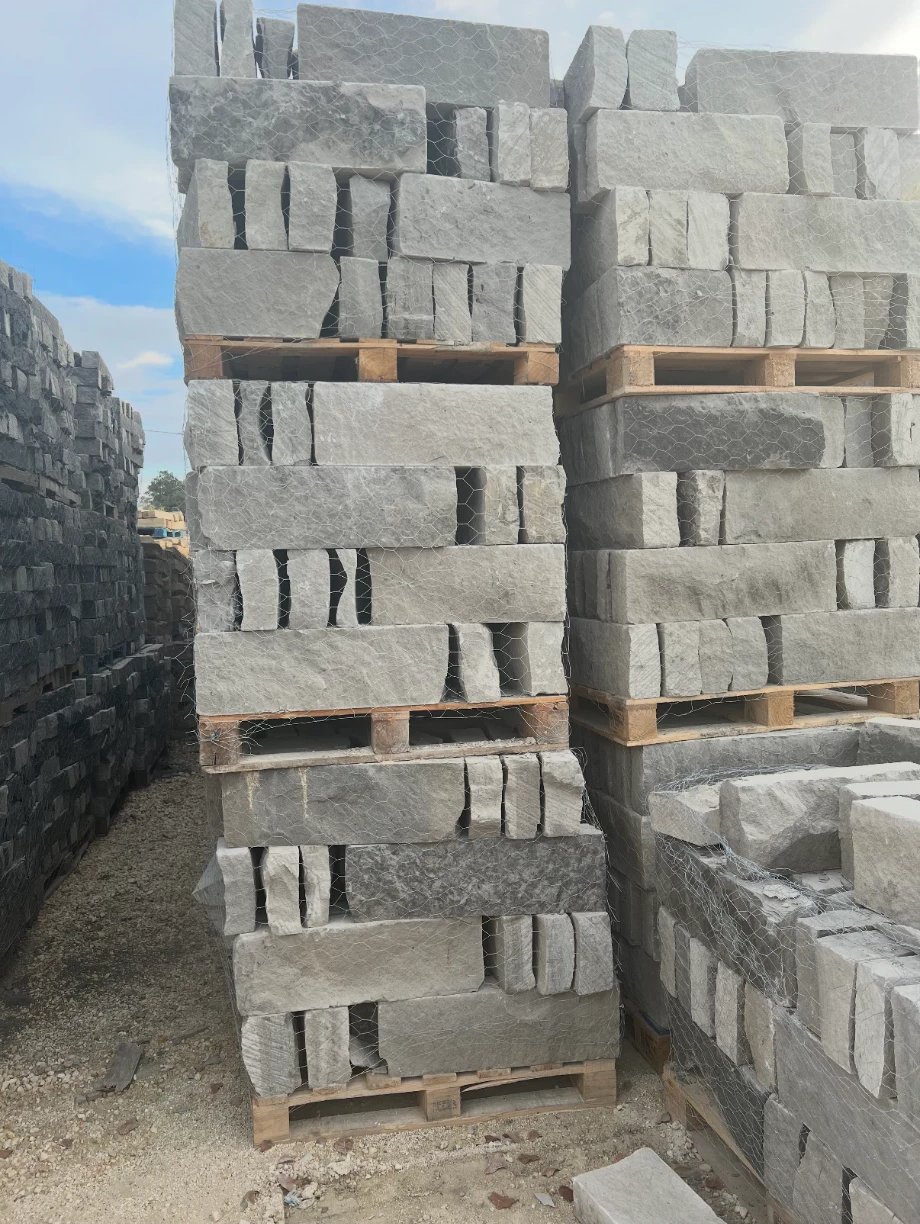 Pallets of Lueders limestone blocks and chop ready to ship